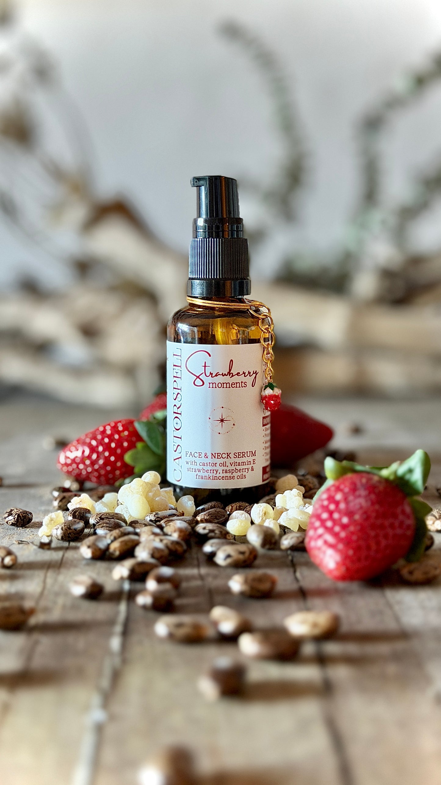 CastorSpell Strawberry Moments castor oil frankincense anti-ageing face and neck serum 50ml with dried botanicals Australia