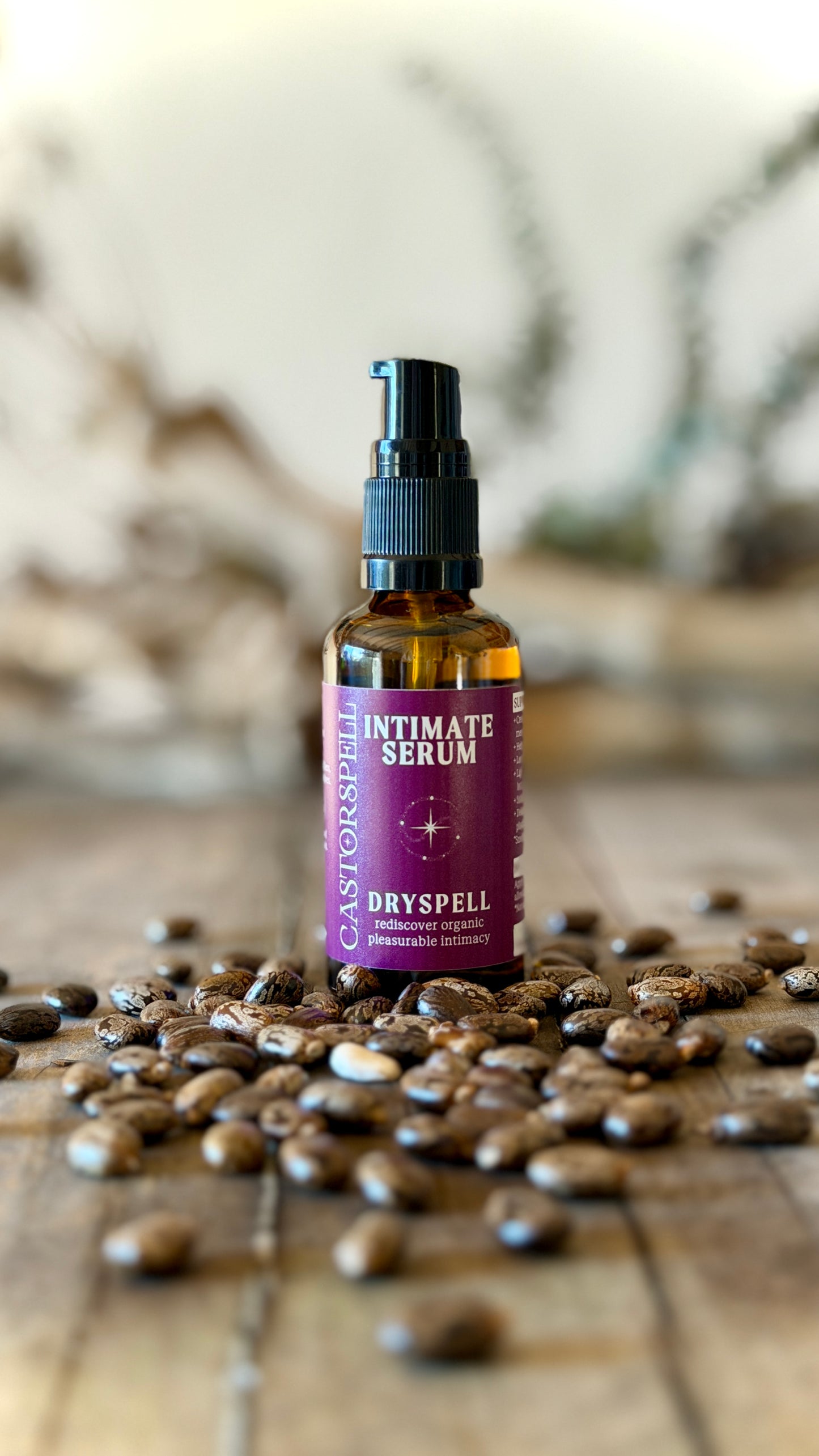 CastorSpell DrySpell natural intimate moisturiser organic castor oil hormone-safe 50ml amber glass bottle