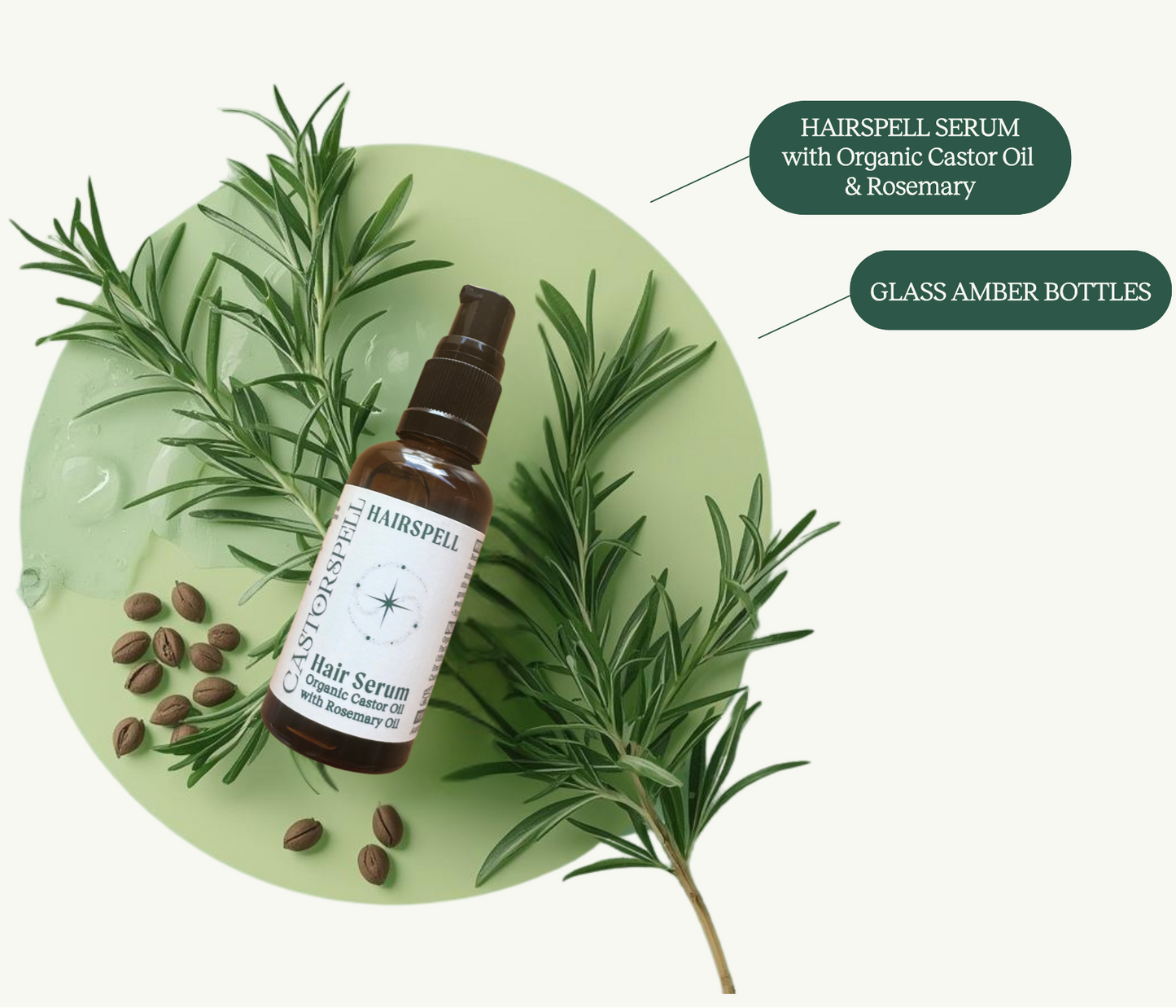 Hair serum bottle with organic castor oil and rosemary on a green background