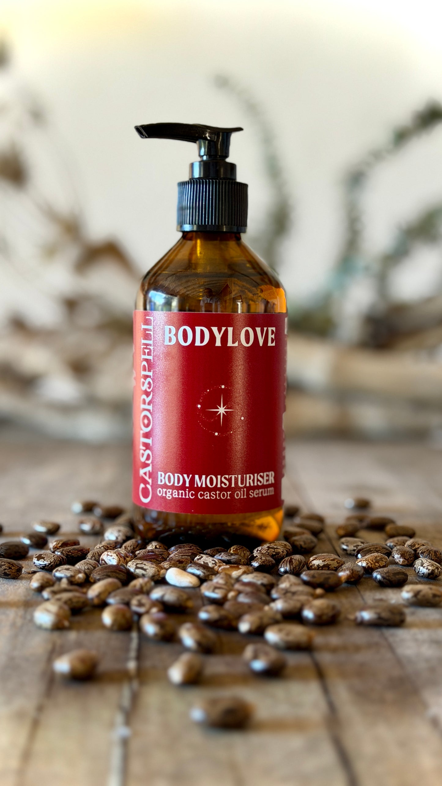 CastorSpell BodyLove organic castor oil body moisturiser 200ml amber glass pump bottle natural skincare Australia