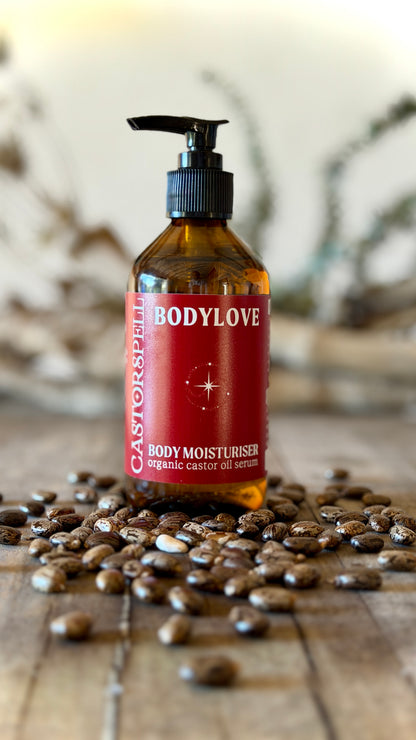 CastorSpell BodyLove organic castor oil body moisturiser 200ml amber glass pump bottle natural skincare Australia