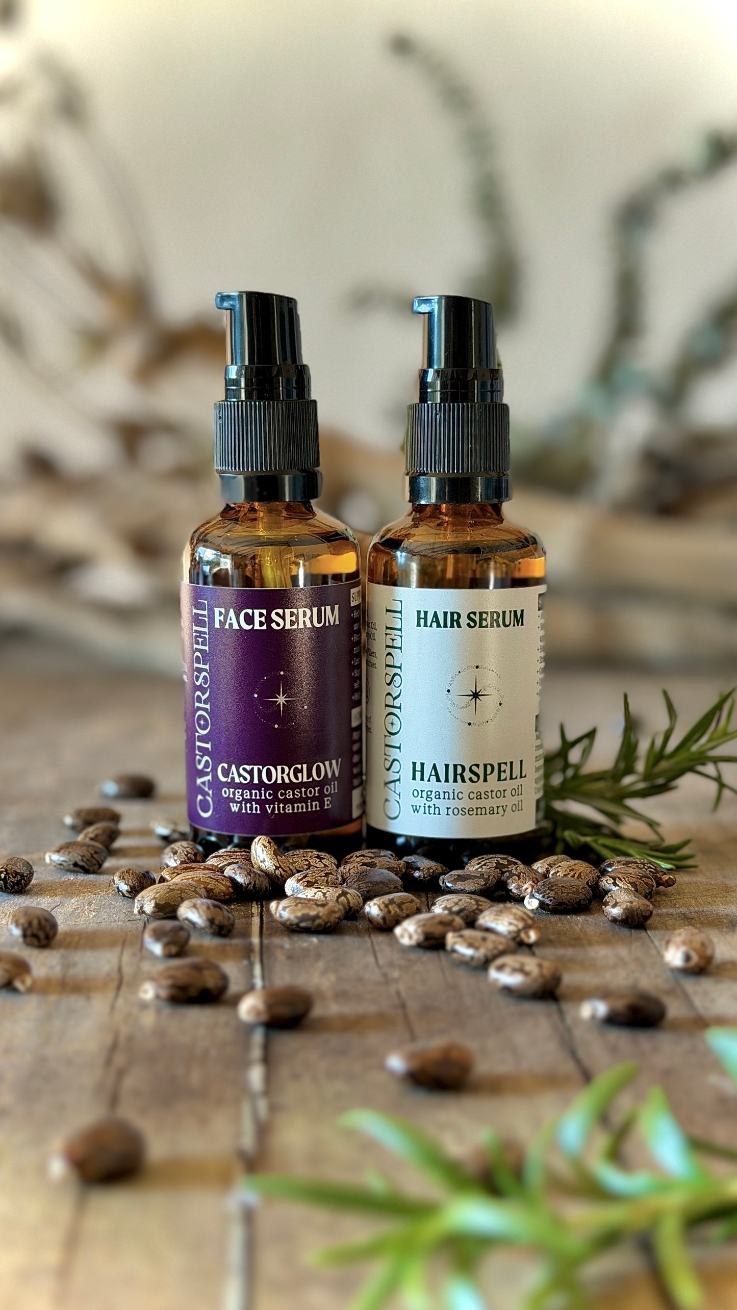 Two bottles of CastorGlow and Hairspell products  glass amber bottles save 5%