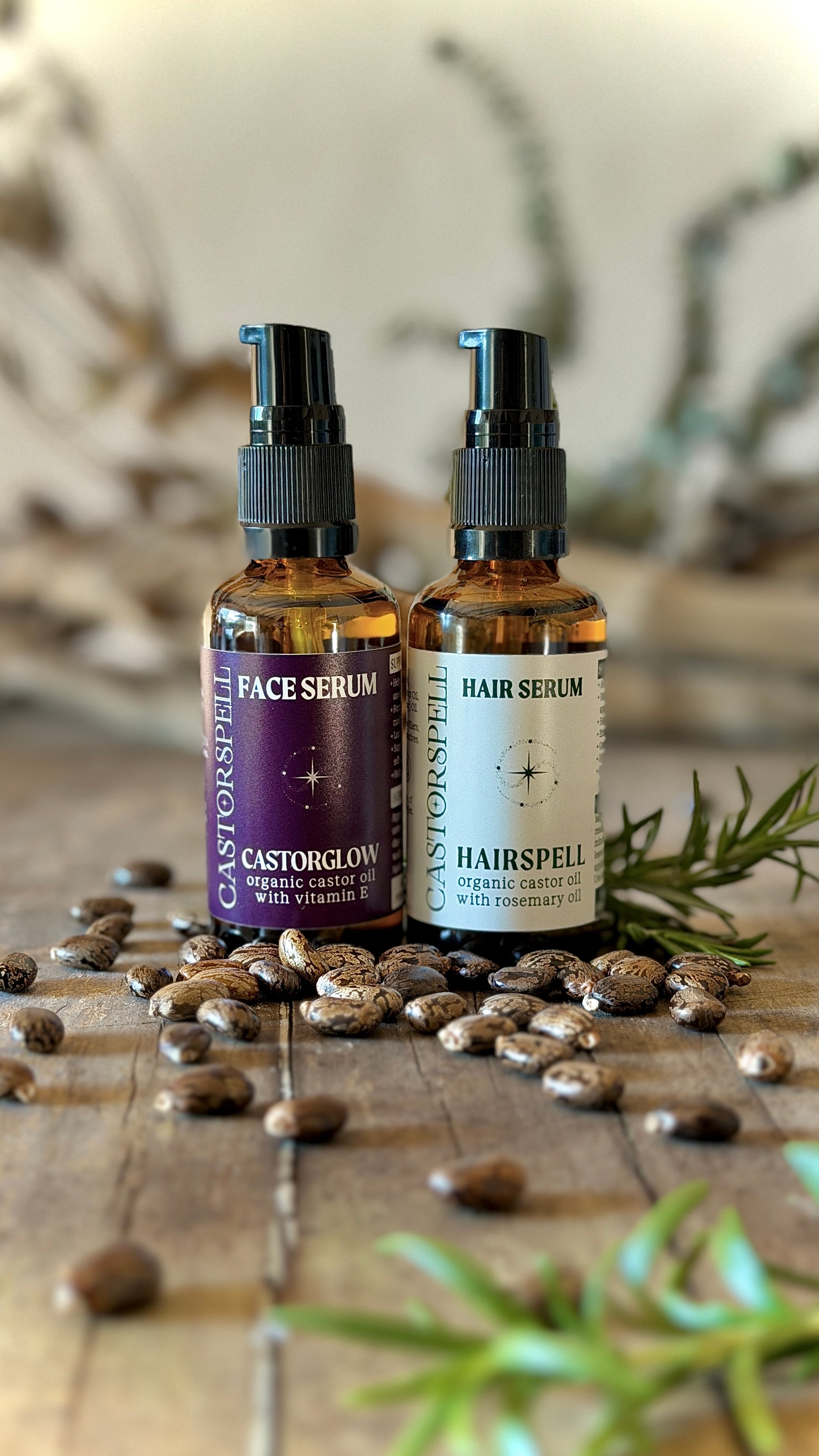 Two bottles of CastorGlow and Hairspell products  glass amber bottles save 5%