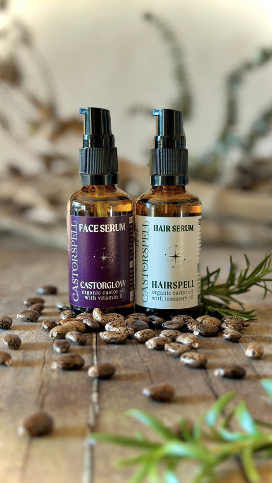 Two bottles of CastorGlow and Hairspell products  glass amber bottles save 5%