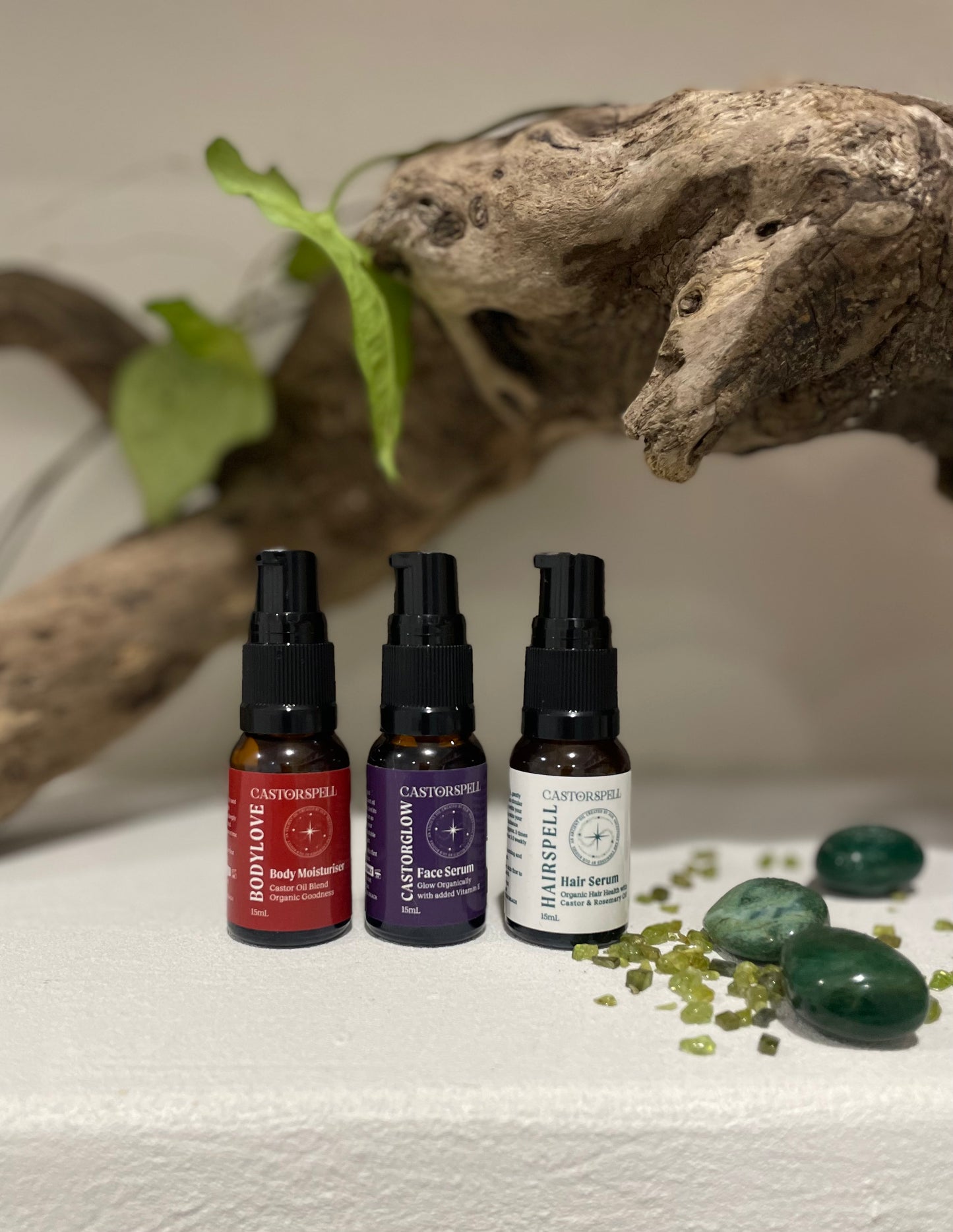 CastorSpell 15mL castor oil serum tester trio starter bundle three amber glass bottles