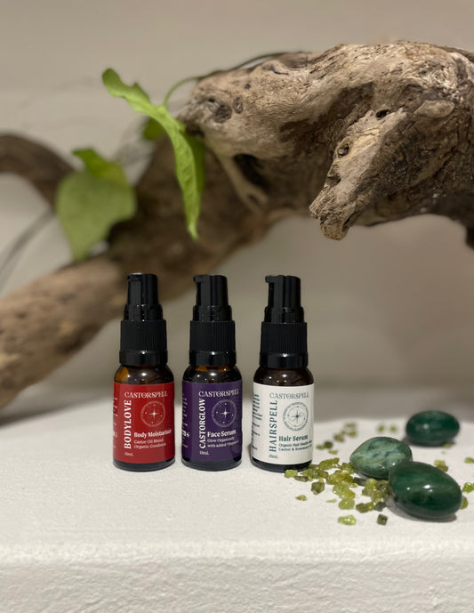 CastorSpell 15mL castor oil serum tester trio starter bundle three amber glass bottles