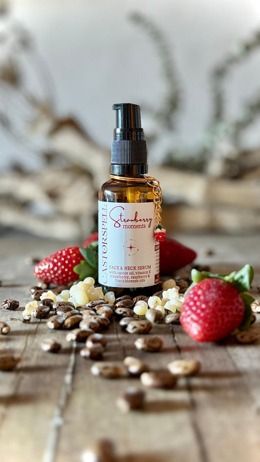 CastorSpell Strawberry Moments castor oil frankincense anti-ageing face and neck serum 50ml with dried botanicals Australia