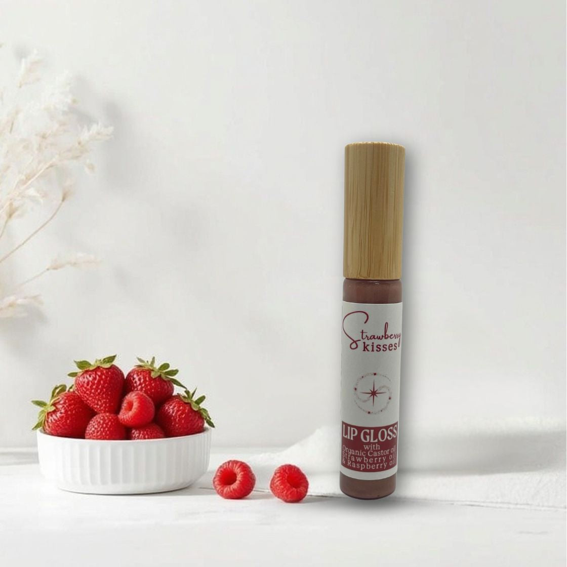 CastorSpell Strawberry Kisses natural castor oil lip gloss glass tube cotton tip lip gloss pad