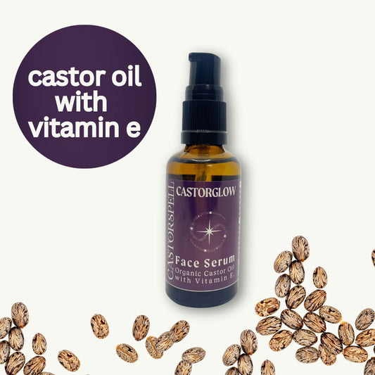 Face serum bottle with castor oil seeds on a white background