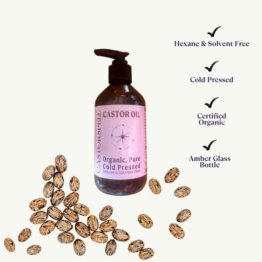 CastorSpell certified organic cold pressed hexane-free castor oil 200mL amber glass pump bottle