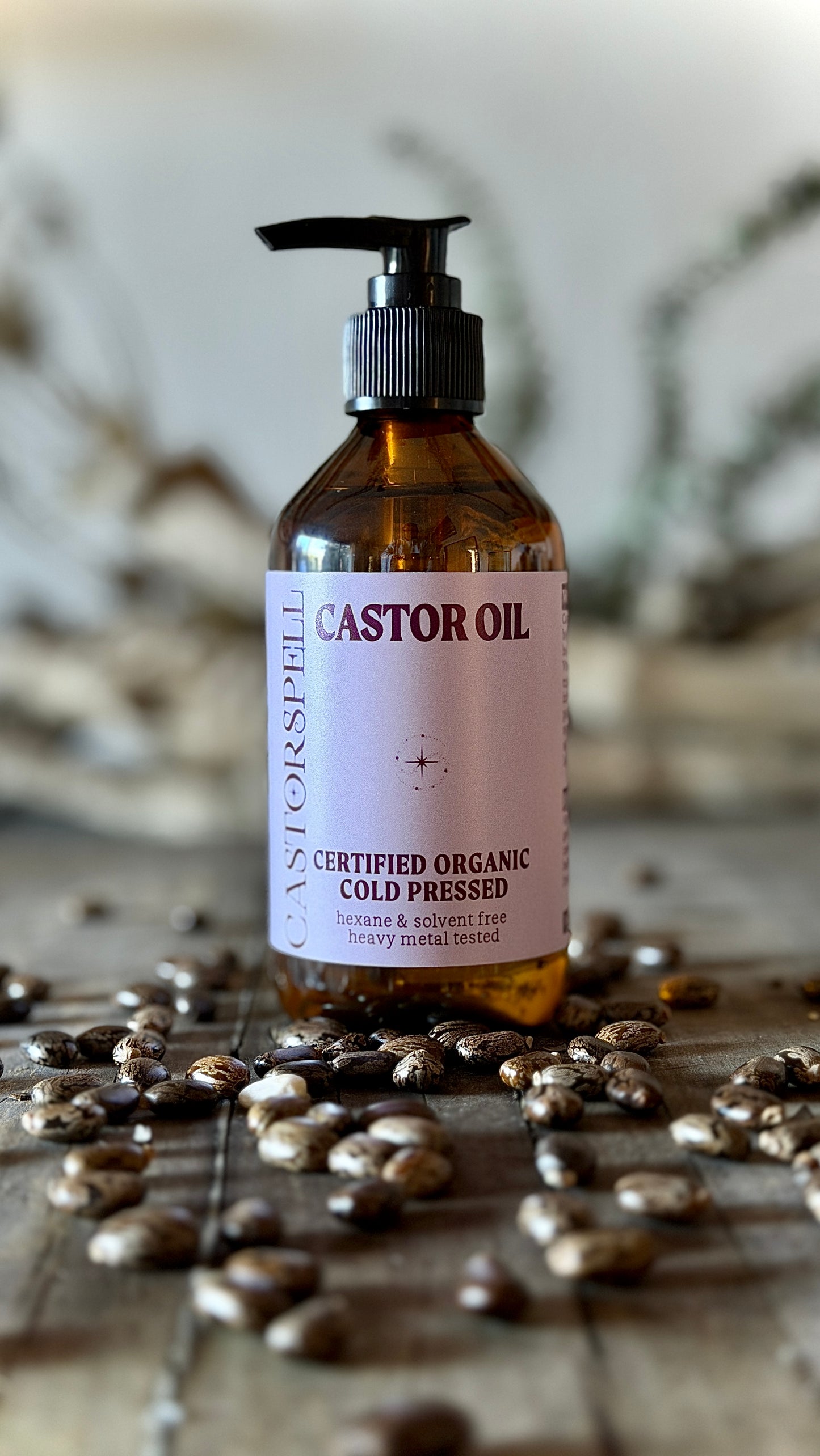 Certified Organic Cold Pressed Castor Oil, Heavy Metal tested, Organic Castor Beans, seeds. Amber Glass Bottle 200mL