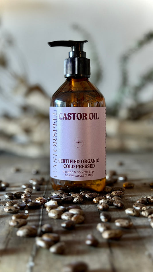 Certified Organic Cold Pressed Castor Oil, Heavy Metal tested, Organic Castor Beans, seeds. Amber Glass Bottle 200mL