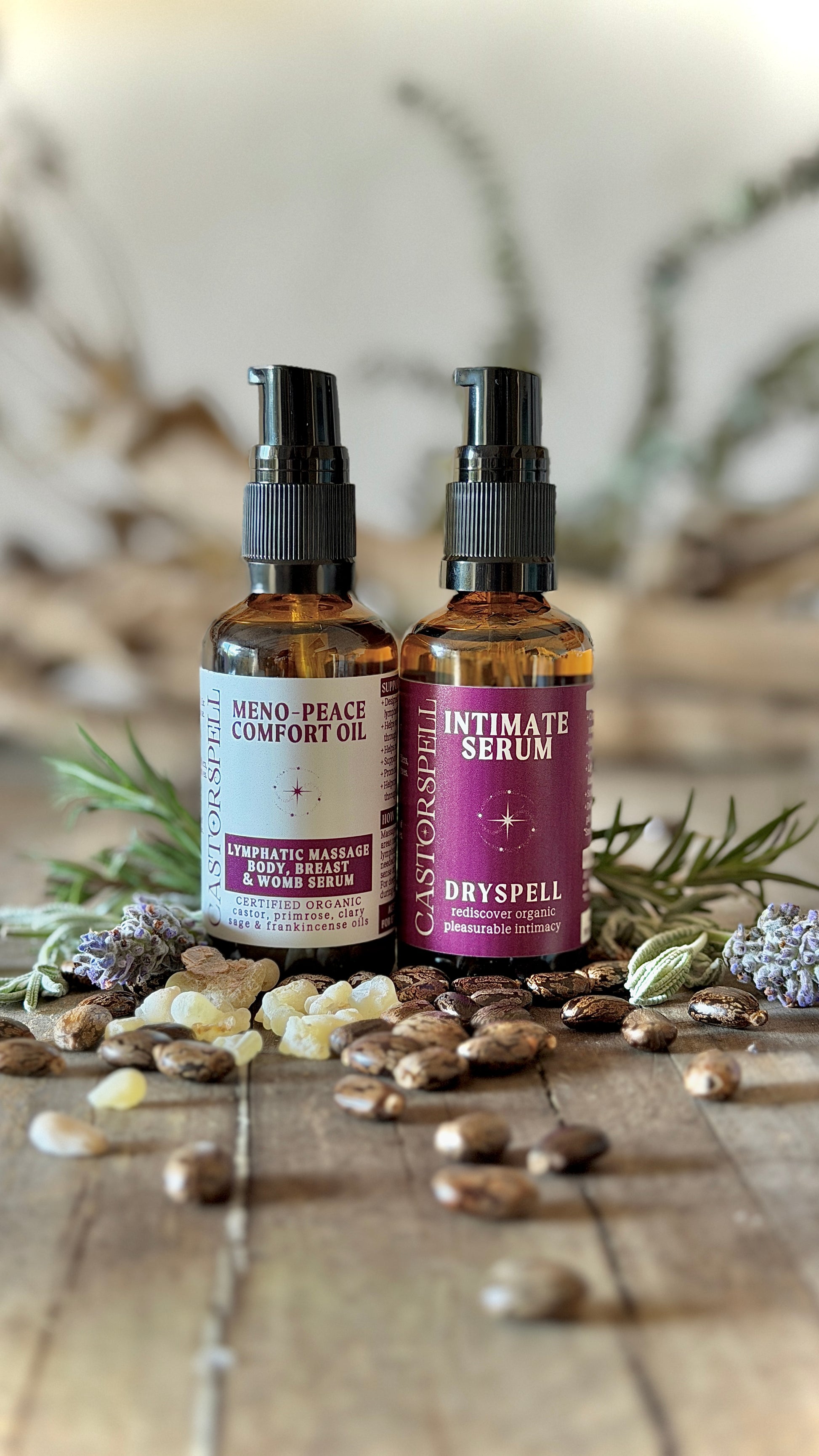 Meno-Peace comfort oil & Dryspell Intimate serum. Glass amber bottles. Hormone friendly oils. Natural. Castor Oil blends. 