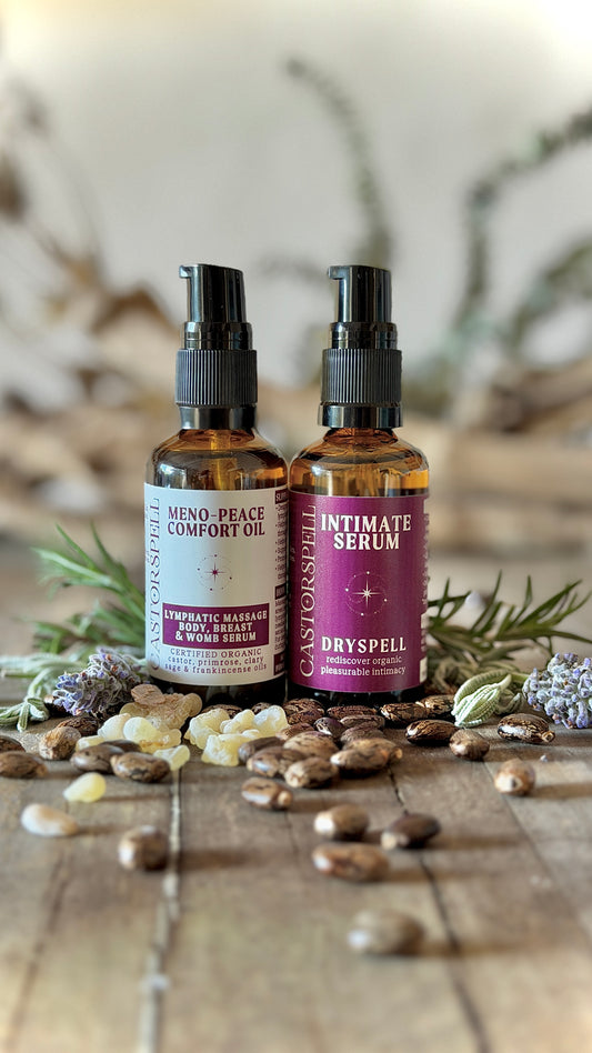 Meno-Peace comfort oil & Dryspell Intimate serum. Glass amber bottles. Hormone friendly oils. Natural. Castor Oil blends. 