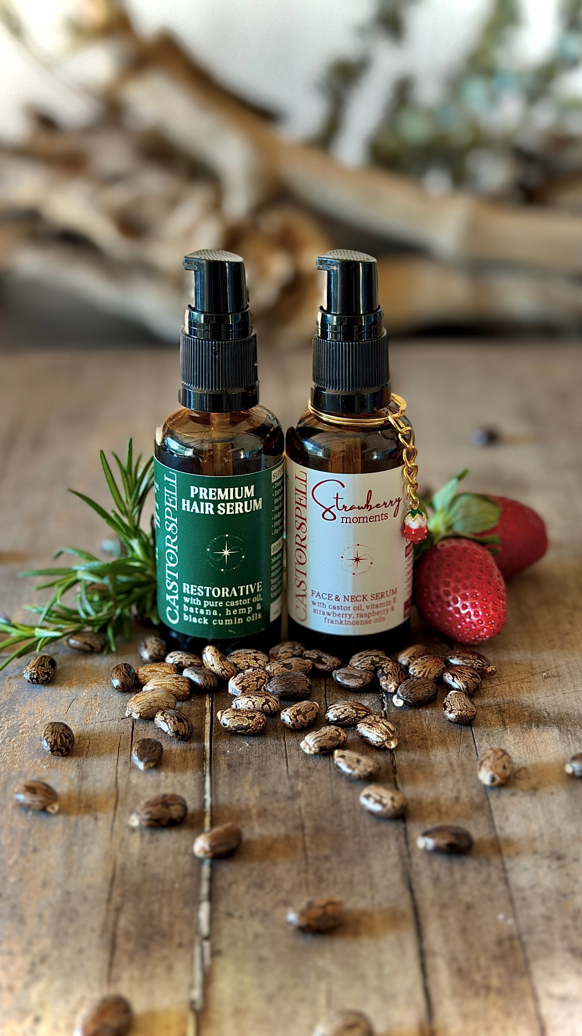 Premium Hair serum with rosemary, Premium strawberry moments face and neck serum with frankincense. glass amber bottles