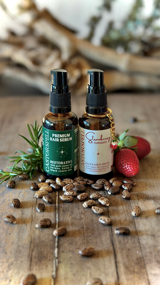 Premium Hair serum with rosemary, Premium strawberry moments face and neck serum with frankincense. glass amber bottles