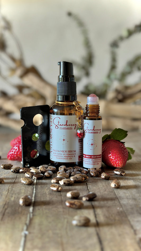 CastorSpell Strawberry Moments castor oil frankincense anti-ageing face and neck serum 50ml with 10mL refillable roller. Strawberry quartz crystal Australia