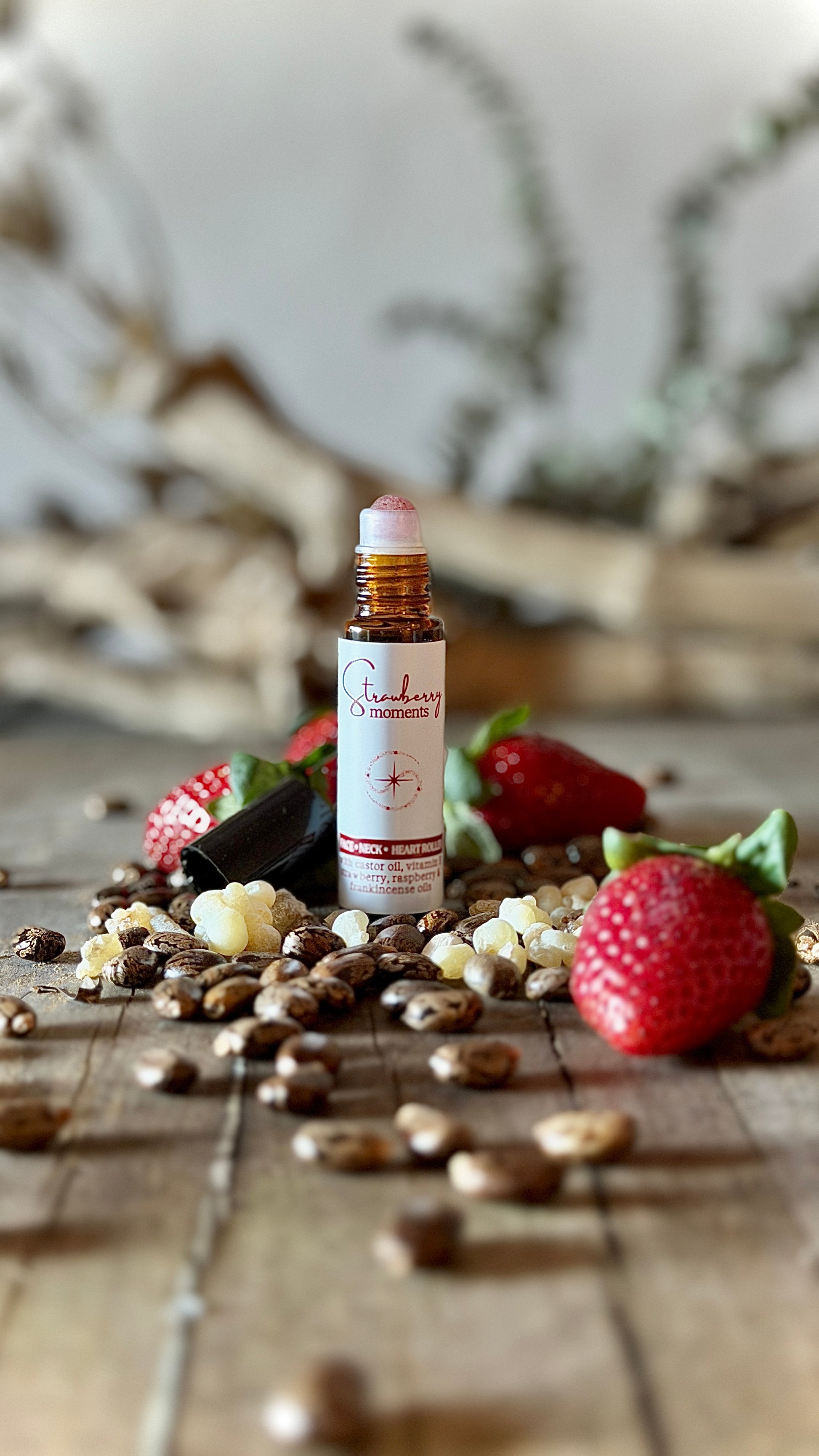 Strawberry moments face and neck serum, strawberry quartz crystal roller 10mL glass amber bottle