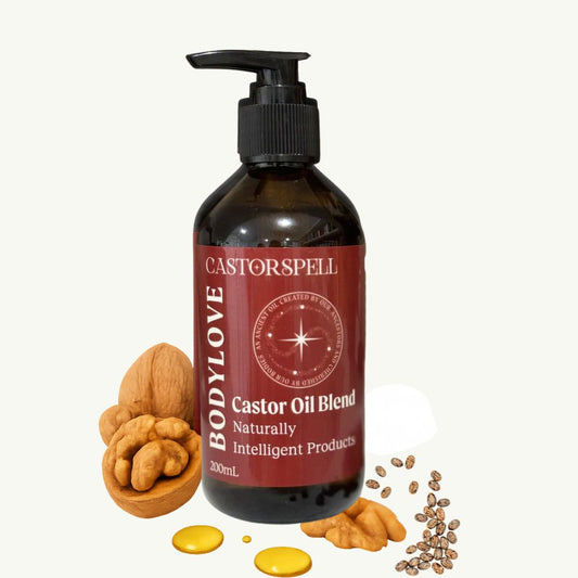 CastorSpell organic castor oil body moisturiser 200ml pump bottle on white background