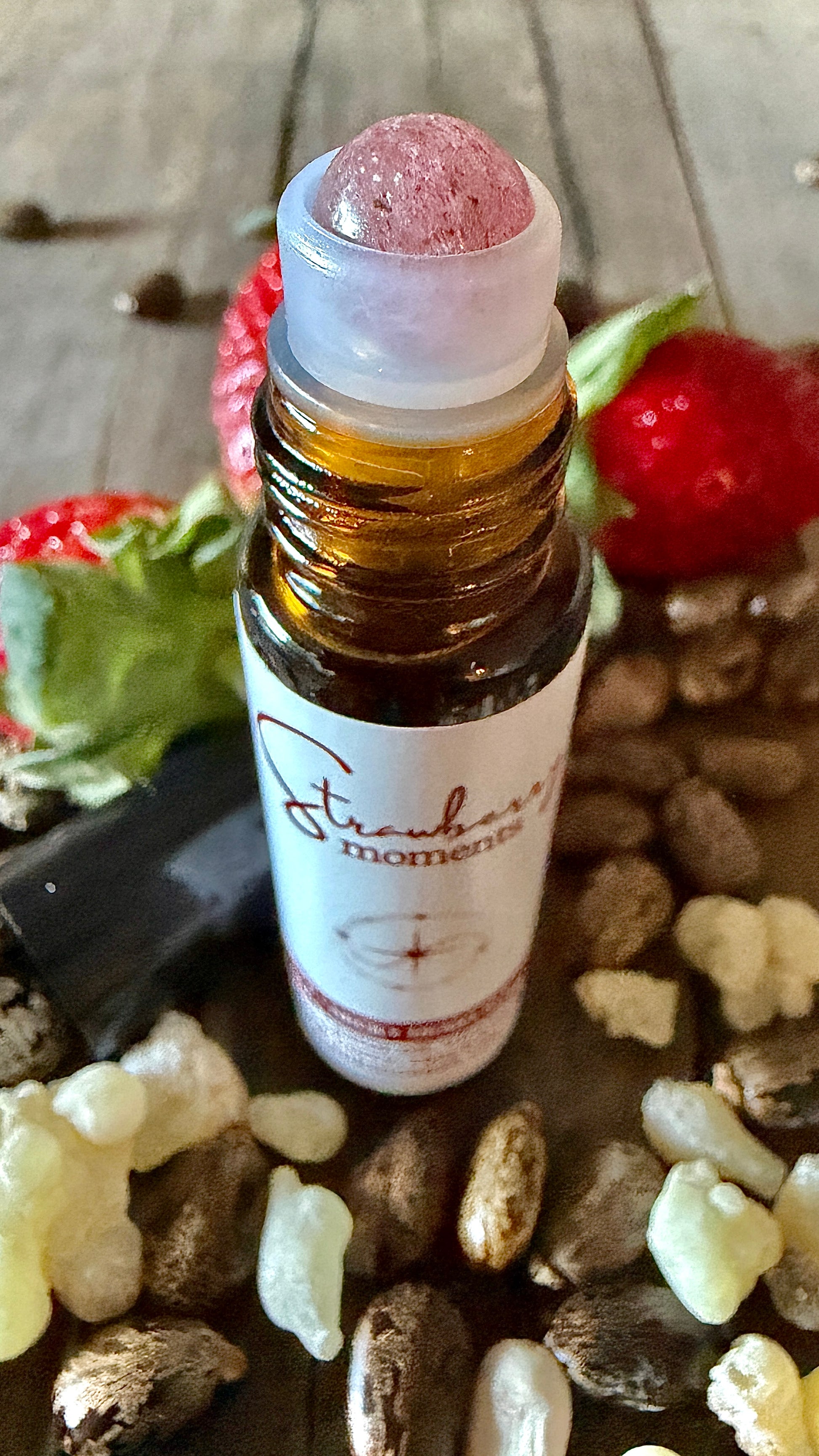 Strawberry moments face and neck serum, strawberry quartz crystal roller 10mL glass amber bottle travel size
