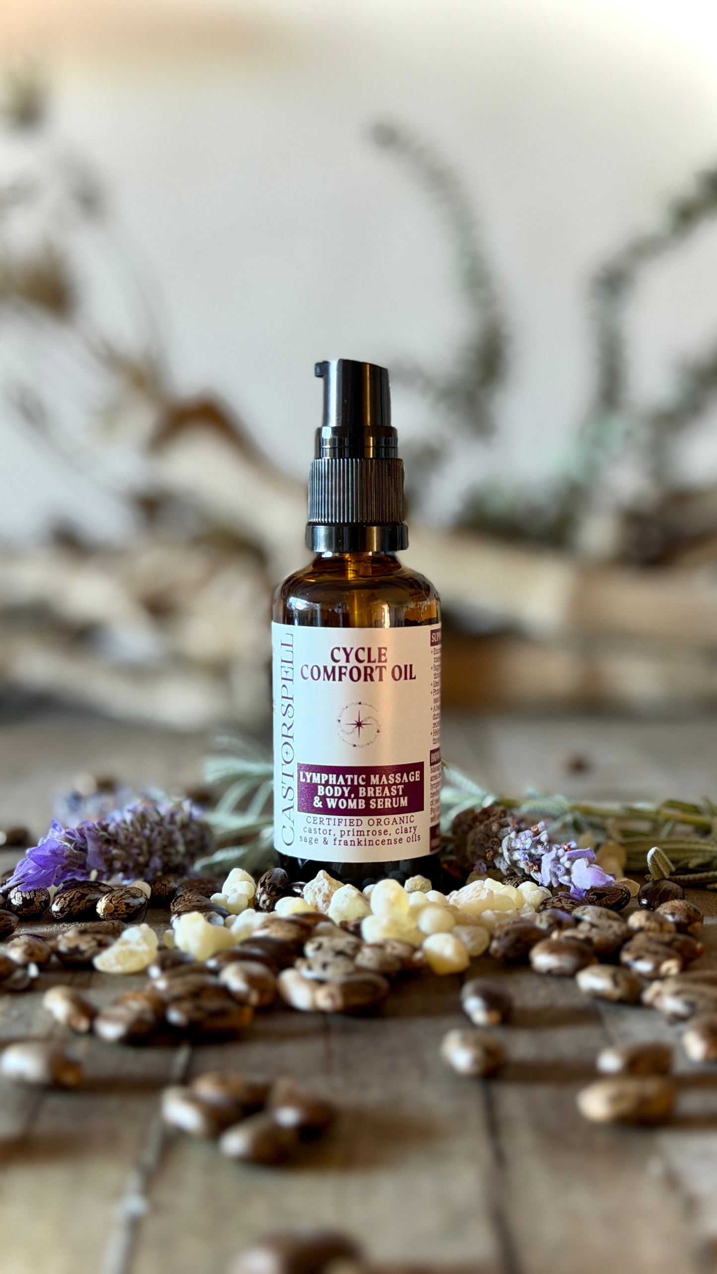 CastorSpell Cycle comfort oil organic castor oil lymphatic breast and womb serum hormone-safe endo, pcos support Australia 50ml glass amer bottle