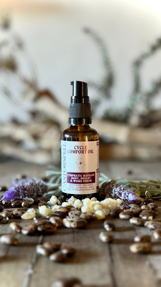 CastorSpell Cycle comfort oil organic castor oil lymphatic breast and womb serum hormone-safe endo, pcos support Australia 50ml glass amer bottle