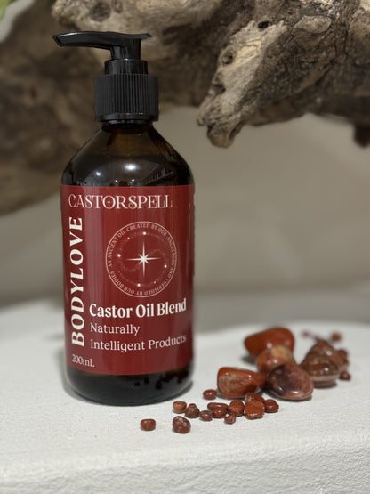 CastorSpell organic castor oil body moisturiser 200ml pump bottle on white background